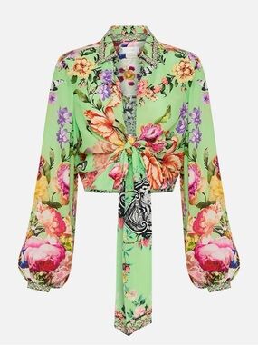 Camilla Mint Green Floral Tie-Front Blouse with Pink & Purple Accents Size Small